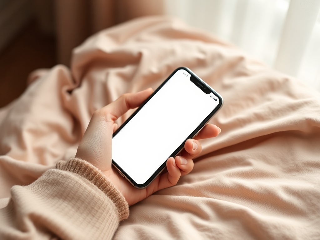 Dłoń trzyma telefon z pustym ekranem na miękkim kocu w domowym wnętrzu